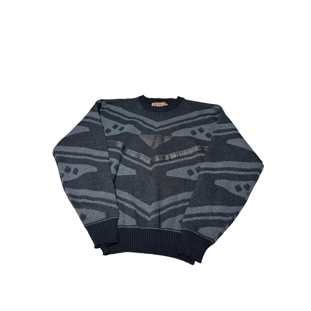 Vintage Chartwell Mens XL Acrylic Sweater Black Grey Leather Trim Geometric 80s